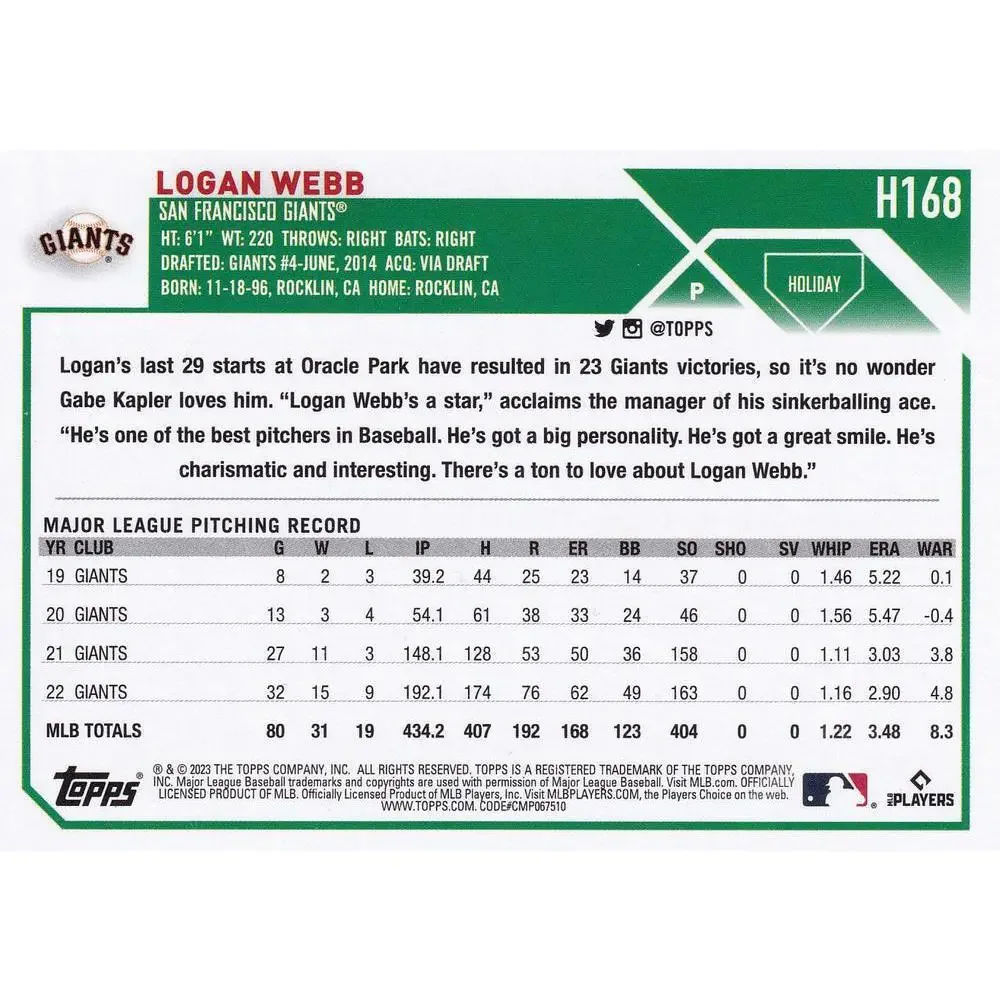 2023 Topps Holiday Logan Webb H168 San Francisco Giants